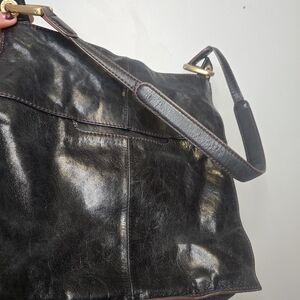 HOBO Shiny Black Leather Tote with Gold Accents